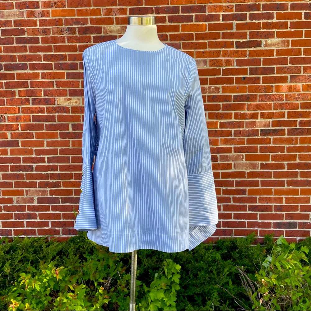 Zara Woman Classic Preppy Blue & White Striped Tunic Top Large Gold Snaps Cuffs